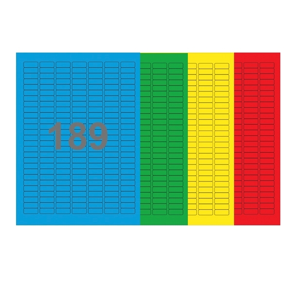 A4-etiketter, 189 stansade etiketter/ark, 25,4 x 10,0 mm, (blå, grön, gul eller röd) 100 ark